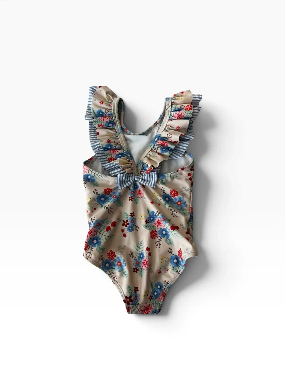 Ruffle Butts Cream Floral One-Piece Swimsuit with Blue & Red Flowers